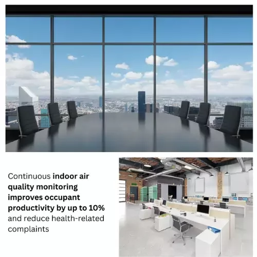 Smart air quality monitoring platform tracking CO₂, VOCs, and indoor conditions with real-time analytics.