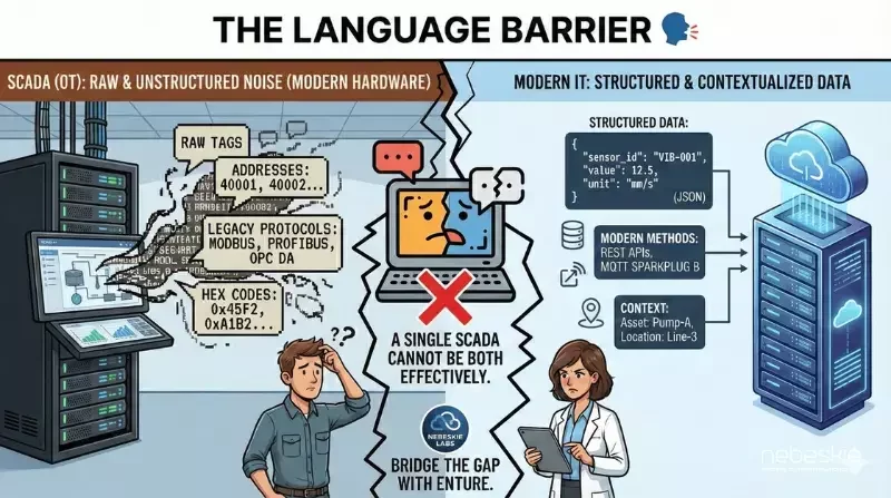 Diagram showing translation layer converting SCADA raw tags and legacy protocols like Modbus into structured IT data formats such as JSON, MQTT, and REST APIs.